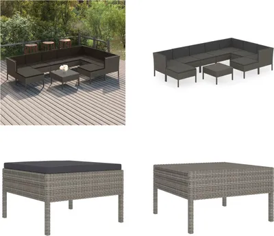 Produktbild von vidaXL 10 tlg. Garten Lounge Set mit Auflagen Poly Rattan Grau - Garten-Sofagarnitur - Garten-Sofagarnituren - Gartensofa-Set - Gartensofa-Sets