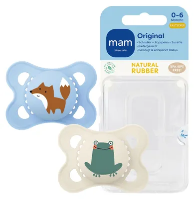 Produktbild von MAM Original Schnuller | Latexschnuller | 0-6 Monate | stillfreundlicher Babyschnuller | von Hebammen empfohlen | besonders bissfest | Naturkautschuklatex | Fuchs/Frosch | 2 Stück