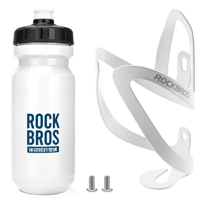 Productafbeelding van ROCKBROS fietshouder van aluminium, wit, met drinkfles van 600 ml, squeeze-model, BPA-vrij, lekvrij, zwart logo