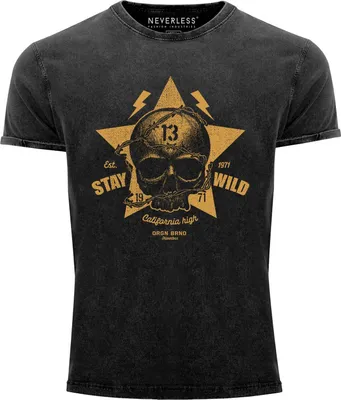 Produktbild von Neverless® Herren T-Shirt Totenkopf Vintage Tattoo Shirt Stay Wild Skull Print Used Look Slim Fit schwarz M