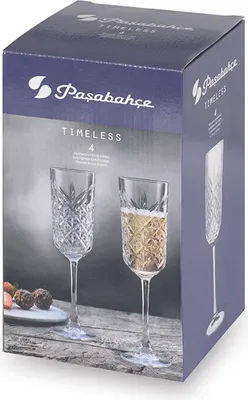 A product box for champagne and sekt glasses, showing two glasses, one empty and one filled with champagne, and some chocolates and strawberries on the side.
