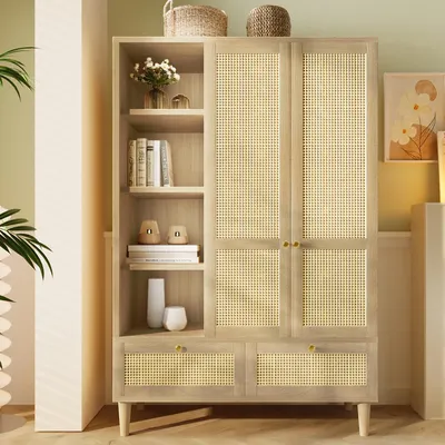 Produktbild von Flieks Kleiderschrank mit Rattantüren und -Schubladen, Garderobe Garderobenschrank mit Stange und offenen Regalböden, 120x50x180 cm, Naturbelassen