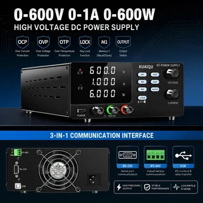 Image de Alimentation de laboratoire DC - Alimentation de table - 0 à 600 V, 0 à 1 A, 0 à 600 W - Tension réglable - Protection contre les surtensions (OVP) et les surintensités (OCP) - Interfaces RS-232, RS-485, USB