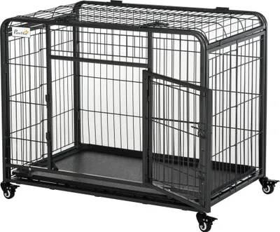 Zdjęcie produktu dla PawHut Transport Box Składana klatka transportowa z kółkami 2 zamykanymi drzwiami i wyjmowaną tacką Metalowa szaro-czarna 94 x 58 x 69,5 cm