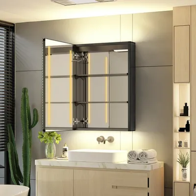 Image de ® Armoire de salle de bain LED Rivulet, avec éclairage, prise pour rasoir, LED 3 couleurs, interrupteur tactile, fonction anti-buée, dimensions 50x70 cm