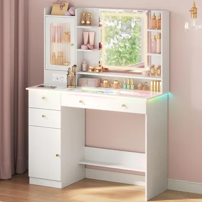 Produktbild von WOLTU Schminktisch mit RGB- und LED-Beleuchtung, Helligkeit einstellbar, 3 Schubladen, 2 Schränken