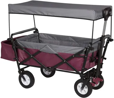 Zdjęcie produktu dla Składany wózek z daszkiem i hamulcami, idealny do ogrodu i na kemping | Kolor: fuksja | Wymiary: 120x51x93 cm