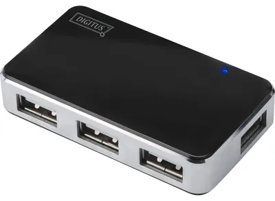 Produktbild von Digitus USB 2.0 Hub, 4-Port, USB 2.0 Mini-B, USB 2.0, 480 Mbit/s, Schwarz, Silber, 0,66 m, China