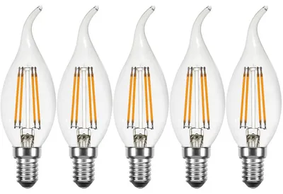 Imagen del producto de 5 bombillas LED tipo filamento, diseño vela, 4W (equivalente a 40W), casquillo E14, cristal transparente, luz blanco cálido intenso (2200K)