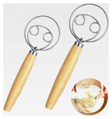 Produktbild von 2 Stück dänischer Teigrührer mit Holzgriff in zwei Größen, Handmischer für Teig, dänischer Schneebesen für Kuchen, Brot, Gebäck oder Pizzateig
