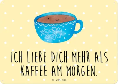 Produktbild von Mr. & Mrs. Panda Schild Kaffee Tasse DIN A3 - Gelb Pastell - Geschenk, Geschmack, Genuss, Liebe, Lustige Sprüche, Metallbild, Wandbild, Blechschild, Retro, Glücklich
