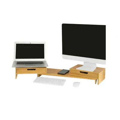 Obrázek produktu pro Nastavitelný bambusový stojan na monitor Rootz – podstavec pro dva monitory – organizér na stůl se zásuvkami – otočné bočnice – vedení kabelů – 60–108 cm x 11 cm x 22 cm