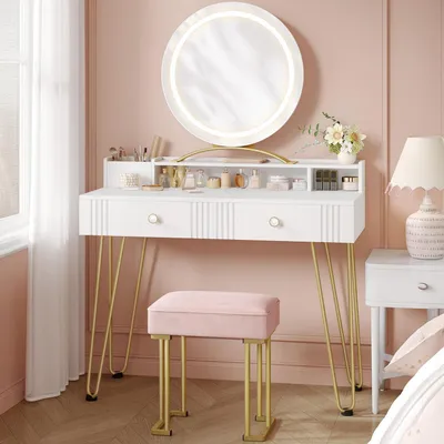 Image de Table de maquillage avec tabouret et éclairage, dimensions 40x90x140 cm, finition blanc mat/doré