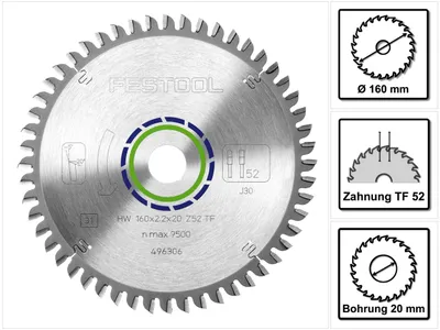 Productafbeelding van Festool speciaal cirkelzaagblad HW 160 x 20 x 2,2 mm TF52 160 mm 52 tanden ( 496306 )