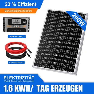 Produktbild von 200W Solarmodul Solarpanel Kit 12V MONO Photovoltaik Solaranlage Komplettpaket für Wohnmobil Balkonkraftwerk Camping