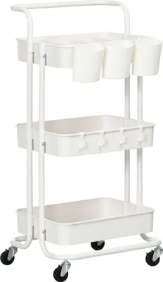 A white three-tier rolling cart with storage cups on the top shelf.