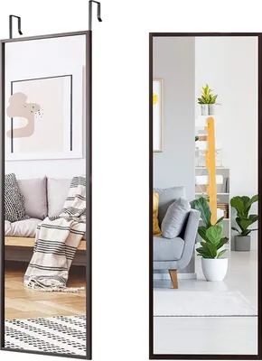 Two full-length mirrors are shown, one reflecting a living room scene with a sofa and artwork, and the other showing a different living room with a sofa, plants, and shelving.
