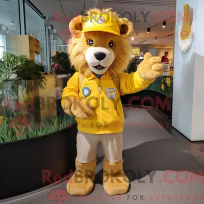 Produktbild von Gelber REDBROKOLY Löwe Maskottchen Kostüm Charakter gekleidet mit einer Hose und Mütze