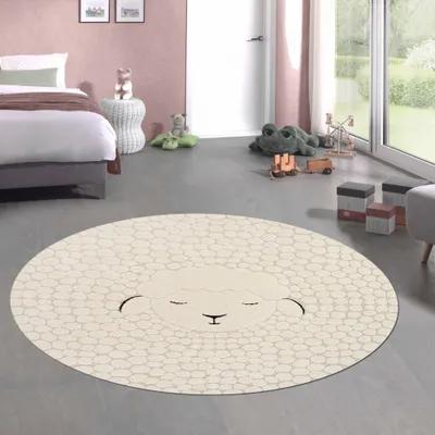 Obrázok produktu pre Detský koberec do detskej izby so vzorom oviec bez obsahu škodlivín v béžovo-hnedej farbe Veľkosť - 120 cm Round