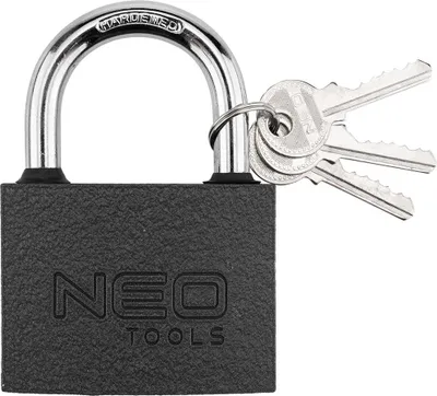 Zdjęcie produktu dla Profesjonalna kłódka NEO TOOLS, solidna żeliwna konstrukcja, odporna na warunki atmosferyczne z uszczelkami