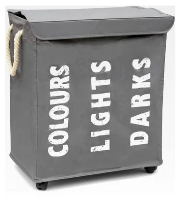 Produktbild von Wäschebox mit Deckel und Rollen - Wäsche-Sortierer - Bad-Organizer - Wäschekorb - Wäschetruhe - Badezimmer Wäsche-Sortiersystem - Grau