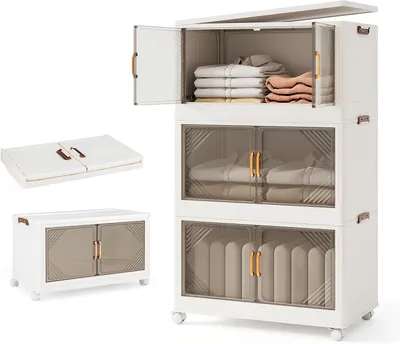 Produktbild von KOMFOTTEU Aufbewahrungsbox, faltbar, stapelbar, mit 4 Rollen, Traglast 20 kg pro Box, Aufbewahrungsturm aus Kunststoff mit Deckel (213 l, 65 x 39 x 109 cm)