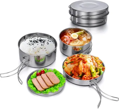 Produktbild von Camping Kochgeschirr Set 4-teiligtes Edelstahl Camping Topf Kompaktes Faltbare Campinggeschirr Pot Plate für Picknick Camp Kochset Backpacking Camping Wandern