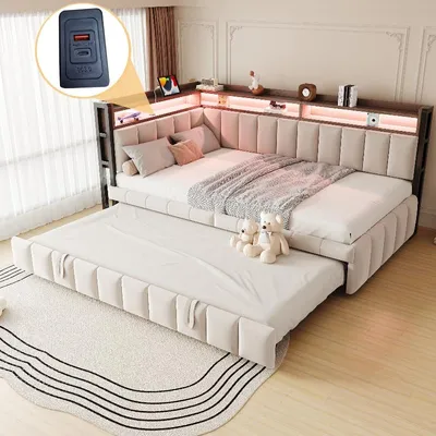 Productafbeelding van Slaapbank 90x200 cm met uitschuifbed, LED-verlichting, USB- en Type-C-aansluitingen, opbergvakken, fluwelen bekleding in beige, met rugleuning