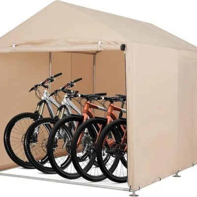 Immagine prodotto di Garage per biciclette - Tenda per biciclette - Impermeabile 420D - Per 3 biciclette - Tetto a triangolo - Robusta protezione dalle intemperie per esterni - Beige