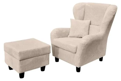 Produktbild von Bequemer Ohrensessel mit Hocker im Landhaus-Stil, B90/H98/T76 cm, hoher Sitzkomfort durch Wellenunterfederung, moderner Lesesessel mit Echtholzfüßen und Zierkissen, Cordstoff in Beige Creme