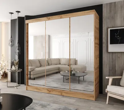 Produktbild von Moderner 3-türiger Schwebetürenschrank 200 × 205 cm – Wotan Eiche mit 3 Spiegeln für Schlafzimmer & Flur