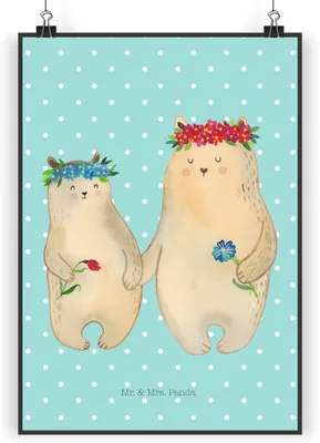 Produktbild von Mr. & Mrs. Panda Bild Bären mit Blumenkranz DIN A5 - Türkis Pastell - Geschenk, Kunstdruck, Bär, Kinder, wanddeko, Mutter, Plakat, Muttertag, Wandbild, Family, drucke