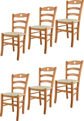 Image de t m c s Tommychairs - Lot de 6 chaises CUORE pour la cuisine et la salle à manger, Structure robuste en bois de hêtre laqué couleur miel et assise rembourrée recouverte de similicuir couleur ivoire