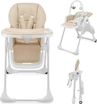 Image de Kinderkraft TUMMIE 2-en-1 chaise d'alimentation - pliable - réglable en hauteur - fonction couchage - 7 niveaux d'adaptation de la hauteur - double plateau - dès la naissance - beige