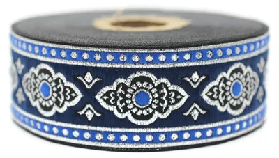 Imagen del producto de Omgoods - Cinta de terciopelo jacquard, color azul marino con estampado floral, de 3,5 cm x 10 metros, ideal para costura y proyectos de manualidades
