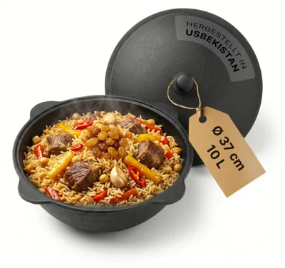 Produktbild von Gusseisen Kasan 10L Aluminumdeckel Campingtopf Kazan WOK Kessel Topf Gulaschkanone Camping BBQ