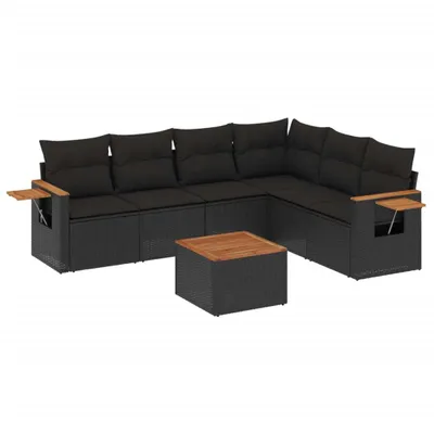 Produktbild von Modulares 7-teiliges Gartenmöbel-Set, Lounge-Sofa mit Akazienholz-Tisch, Poly Rattan Schwarz, UV-beständig, abnehmbare Kissenbezüge