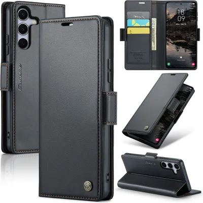 Immagine prodotto di Custodia per Samsung Galaxy S25+, carta di blocco RFID, custodia in pelle avanzata con funzione di supporto Nero