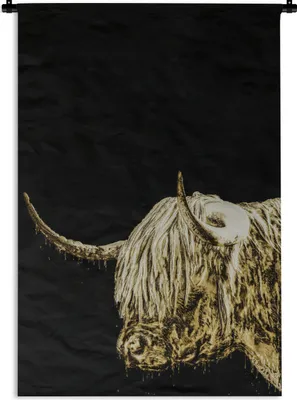 Produktbild von MuchoWow® Wandteppich Wandbehang Schottischer Highlander - Schwarz - Gold 90x135 cm Tapisserie Dekoration Wandtuch - Baumwolle - Wandskulptur