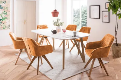 Produktbild von SalesFever Essgruppe 5-tlg. | 180 x 90 cm | Tisch MDF weiß matt + Eichengestell | 4x Drehstuhl Samtvelours + Stuhlbeine Buche | goldfarben