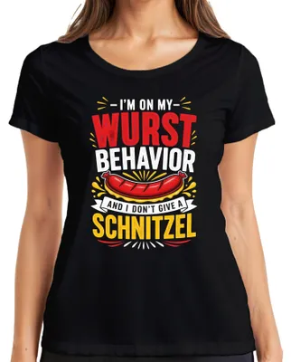 Immagine prodotto di Maglietta da donna, nera, taglia L, con scritta "I'm On My Wurst Behavior" (Sono nel mio momento peggiore), motivo schnitzel (cotoletta), stile cibo tedesco, con elementi che richiamano i tradizionali abiti tedeschi (lederhose e dirndl)