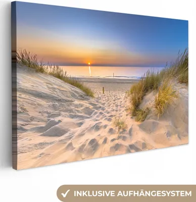 Produktbild von MuchoWow® - Leinwandbilder - Düne - Sonnenuntergang - Horizont - Strand - Gras, Wandbild, Wanddeko Bilder Wohnzimmer, 30x20 cm