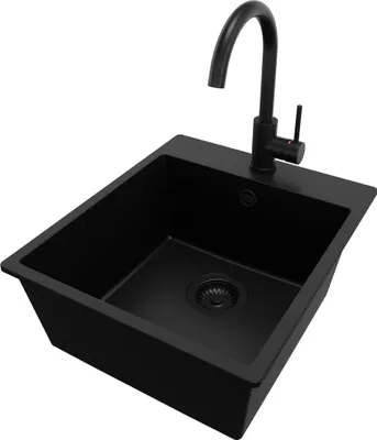 Produktbild von PRIMAGRAN Granitspüle Alles Schwarz 43x50cm, Spülbecken 1 Becken + Küchenarmatur 32x20cm + Ablauf-Set, Küchenspüle ab 45er Unterschrank - Riga