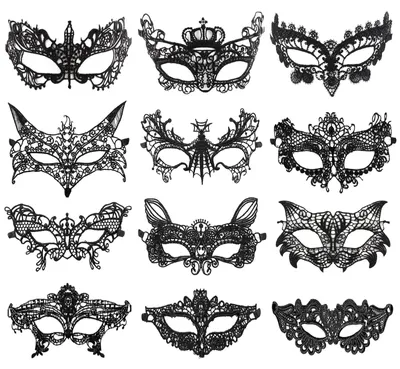 12 Venezianische Spitzenmasken, schwarz, für Maskerade & Karneval