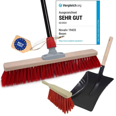 Produktbild von Novaliv Straßenbesen mit Stiel 60 cm Elaston Borsten inkl. Kehrgarnitur verzinkt mit Gummilippe bestehend aus Kehrblech & Handfeger Idealer Gartenbesen Terassenbesen Hofbesen Stallbesen Outdoor broom