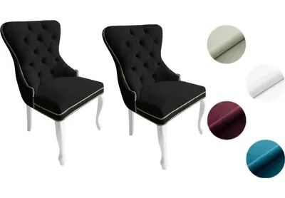 Produktbild von Chesterfield Stuhl MADAME 2 (2 Stück) – eleganter Polsterstuhl im Glamour-Stil, Samt Schwarz, Holzbeine in Weiß, Komfortsitz