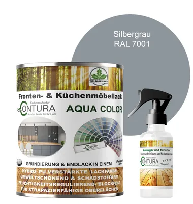 Produktbild von 750ml. + Anlauger - Contura Küchenmöbellack RAL Möbellack SEIDENMATT SET Möbelfarbe Holzlack Buntlack Küchenlack - RAL 7001 Silbergrau