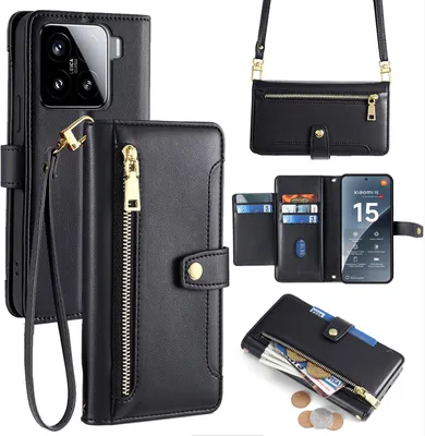Produktbild von Handykette für Xiaomi 15 Hülle mit Band Handyhülle Kartenfächer Kunstleder Umhängetasche in Schwarz