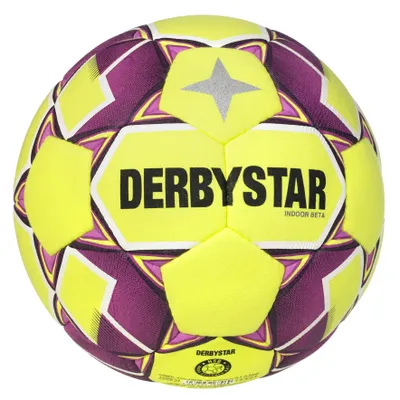 A yellow and purple Derbystar indoor soccer ball is shown against a white background.