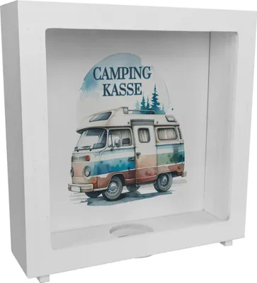Produktbild von Campingwagen Rahmen Spardose aus Holz mit Spruch Campingkasse